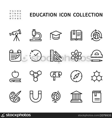 Education and learning vector linear icons. History, geography, mathematics, physics, biology, astronomy, literature, chemistry and much more. Vector symbol set of education white background.. Education and learning vector linear icons. Isolated collection of educational icons for websites. Vector symbol set of education white background.