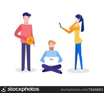 Education and modern technologies, students people studying vector. Man typing on laptop, woman with smartphone wearing headphones and male holding book. Education and Modern Technologies, Students People