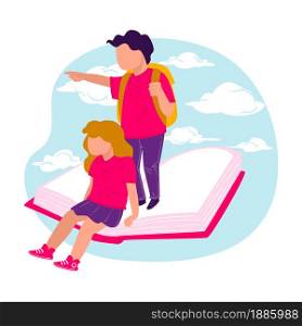 Education and obtaining knowledge from books, studying and developing skills. Boy and girl standing on book pointing in front, opportunities and possibilities for children. Vector in flat style. Pupils with satchels sitting and standing on book