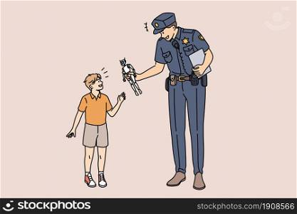 Education and policeman force concept. Young smiling policeman cartoon character standing giving toy robot to happy small boy taking care vector illustration . Education and policeman force concept