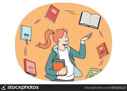Education and reading books concept. Smiling girl student standing and looking at various books flying around her getting prepared for exam vector illustration. Education and reading books concept