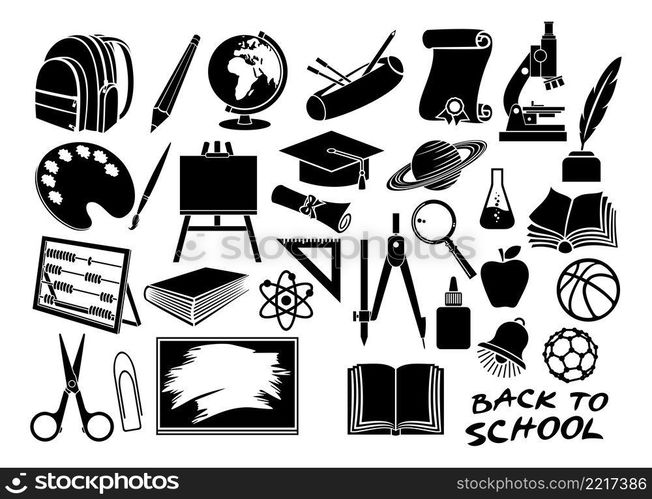 Education and school icons set  diploma, pencil box, easel, scissors, bell, book, bag pack, globe, paint brush, abacus, board, graduation cap, microscope, ruler 