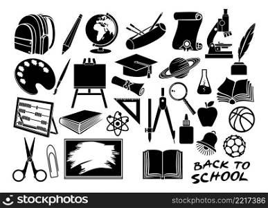 Education and school icons set  diploma, pencil box, easel, scissors, bell, book, bag pack, globe, paint brush, abacus, board, graduation cap, microscope, ruler 