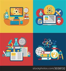 Education and science flat concepts. Education and science vector flat concepts for physics, biology or chemistry school laboratory