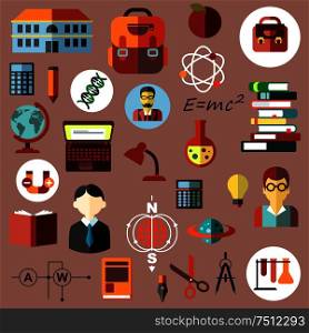 Education and science flat icons of school and books, teacher and pupils, bags and notebook, calculator and stationery, physics, chemistry, globe, laboratory glasses, dna and atom, formulas and lamp. Education, school and science flat icons