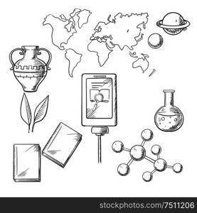 Education and science sketch icons with books and plant, tablet and amphora, flask or tube, earth map and molecule structure. Education and science sketch icons