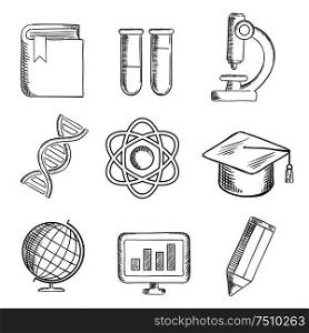 Education and science sketch icons with globe, dna, atom, book, flasks and tubes, microscope, pencil, computer and academic cap. Education and science sketch icons