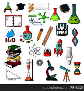 Education and sciense sketches with pile of books, pencil, ruler, laboratory flasks and tubes with gas burners, notebook, microscope, telescope, light bulb, rocket, models of atom, dna and molecules. Chemistry, physics, mathematics education sketches