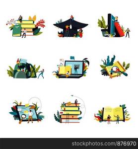 Education and study learning icons. Vector metaphor symbols of small people sit and read big books on ladder or laptop computer with magnifier for back to school or college and university. Education and study learning icons. Vector metaphor symbols of small people sit and read big books