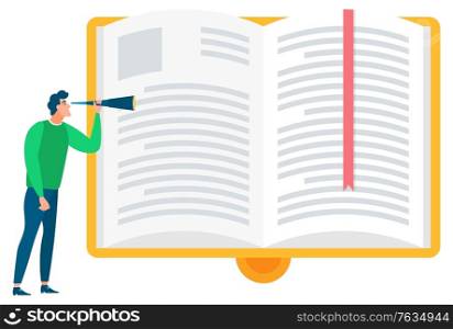 Education and studying new material, man with tube looking at pages of big book. Published info, printed material, bookmark paper with pic. Vector illustration in flat cartoon style. Big Book and Man Reading Information on Pages