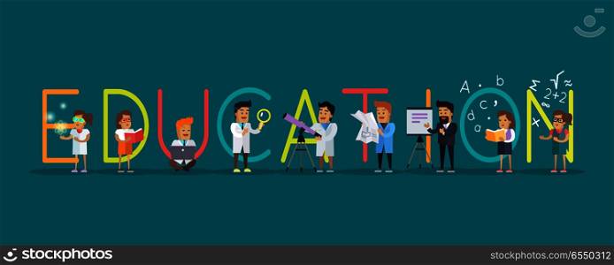 Education Banner. Science Alphabet.. Education banner. Science alphabet. ABC vector with scientists at work. Simple colored letters and scientist character. Scientific research, learning, science test, technology illustration in flat
