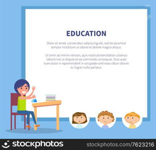 Education blue page, pupils sitting at table holding flask, chemistry lesson, learning child. Round stickers of kids, researching and studying vector. Back to school concept. Flat cartoon. Pupil with Flask, Education Page, Chemistry Vector