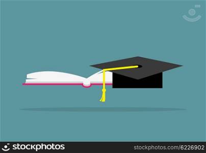Education book and hat design flat. Book and cap, education icon, school learning and education concept, graduation hat and university study, knowledge science, vector illustration