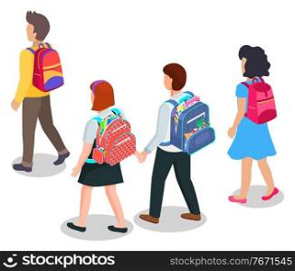Education, children going to school with backpacks or schoolbags vector. Boys and girls carrying rucksacks with stationery, pupils or students, kids. Back to school concept. Flat cartoon isometric 3d. Children Going to School with Backpacks, Education