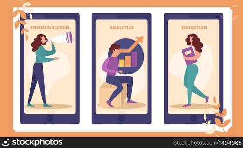 Education, Communication, Analytics Mobile App Page Onboard Screen Set for Website, Young Businessman and Businesswoman Working Studying Office Background with Chart Cartoon Flat Vector Illustration. Education, Communication, Analytics Mobile App