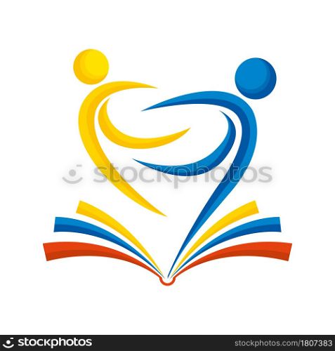 Education concept. Abstract drawing of two embracing people on an open book in yellow, blue and red color on a white background. Vector image
