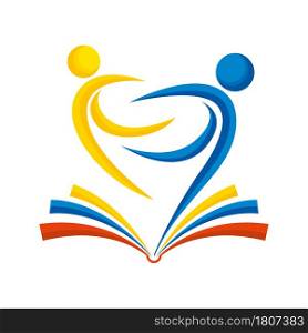 Education concept. Abstract drawing of two embracing people on an open book in yellow, blue and red color on a white background. Vector image