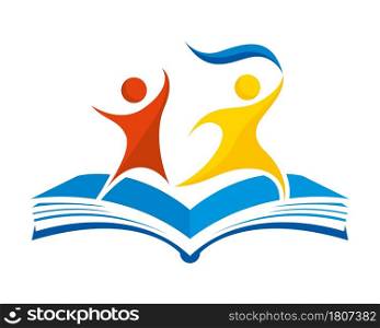 Education concept. Abstract drawing of two people running on an open book in yellow, blue and red color on white background. Vector image