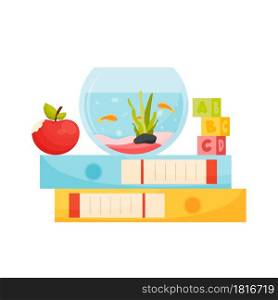 Education concept. Aquarium, apple and abc cubes on the files folders. Vector illustration.