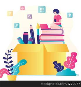 Education concept banner. Woman sitting on pile of textbooks. Box with education tools. Online learning technology. Female student use smart gadgets. Flat vector illustration. Education concept banner. Woman sitting on pile of textbooks. Box with education tools. Online learning technology