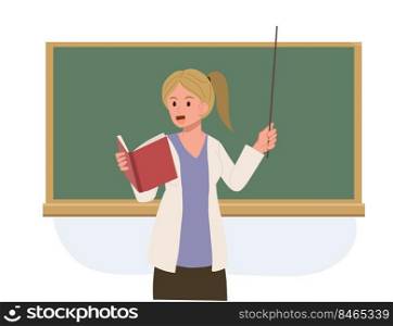 education concept. Female teacher is teaching. teacher holding pointer and book .Vector illustration.