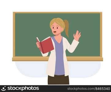 education concept. Female teacher is teaching. teacher is reading a book in front of chalkboard.Vector illustration.