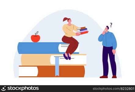 Education concept. Girl give books to thinking man. Problem solution, study and self growth. Happy teacher sitting on book pile vector scene with woman and student illustration. Education concept. Girl give books to thinking man. Problem solution, study and self growth. Happy teacher sitting on book pile vector scene