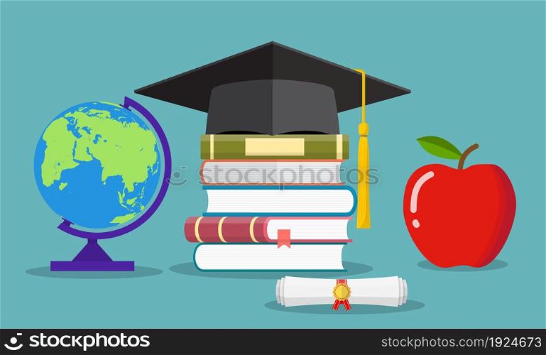 Education concept. Graduate hat, globe, pile of books, diploma and apple. illustration in flat style. Education concept. Graduate hat, globe, books