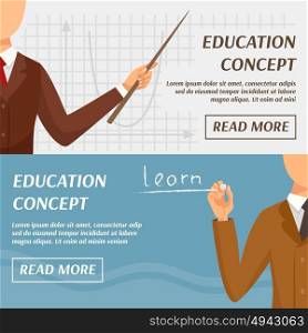Education Concept Horizontal Banners . Education concept horizontal banners with teacher pointer and text in flat style vector illustration