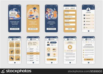 Education concept screens set for mobile app template. People learning online, remote study, skills training platform. UI, UX, GUI user interface kit for smartphone application layouts. Vector design