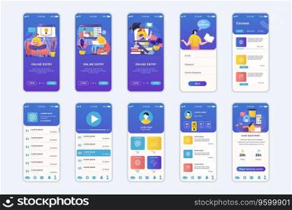 Education concept screens set for mobile app template. People learning at online courses, remote study at school. UI, UX, GUI user interface kit for smartphone application layouts. Vector design