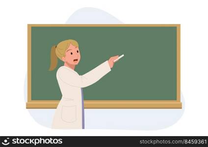 Education concept. studying ,learning ,teaching. Female teacher is writing on chalkboard in classroom.vector cartoon illustration.