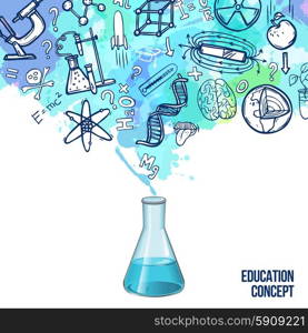 Education concept with realistic lab flask and sketch science symbols vector illustration. Education Concept Sketch