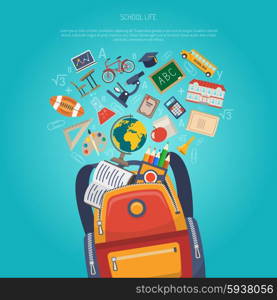 Education concept with school backpack and flat learning symbols vector illustration. Education Concept Flat