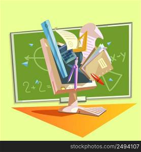 Education concept with school studying supplies in retro style vector illustration. Education retro cartoon
