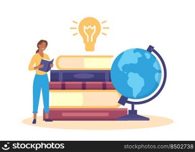 Education concept. Woman reading book. Female character standing near stack of textbooks and globe, studying concept. Student preparing for exam, learning and getting knowledge vector. Education concept. Woman reading book. Female character standing near stack of textbooks and globe, studying