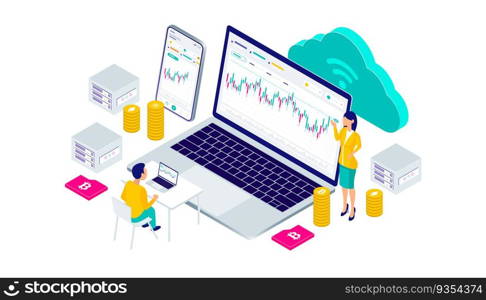 Education cryptocurrency, bitcoin, ethereum, cardano, blockchain, mining, technology, internet IoT, security, mobile dashboard isometric 3d flat illustration vector design cpu computer. Suitable for user interface, ui, ux, web, mobile, banner and infographic.