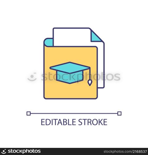 Education data RGB color icon. Documents of graduate student. Sensitive personal information. Isolated vector illustration. Simple filled line drawing. Editable stroke. Arial font used. Education data RGB color icon