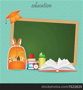 Education design background with school bag, open book, back to school creative conceptual, Modern template Design Vector illustration.