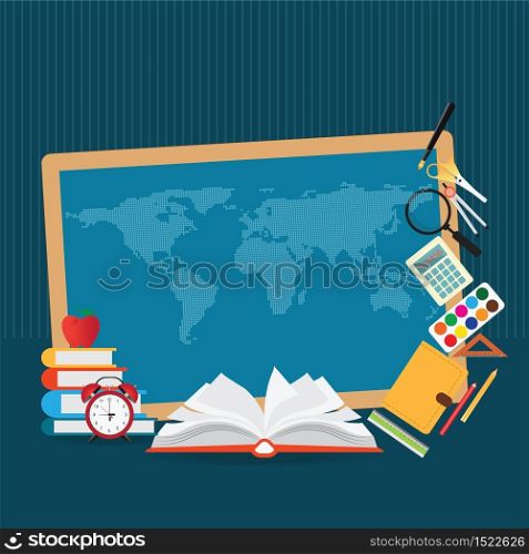 Education design background with world map, open book , back to school creative conceptual, Modern template Design Vector illustration.