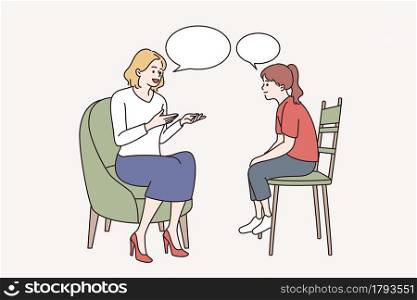 Education, development, communication with children concept. Young mother or teacher sitting talking to young small girl having conversation vector illustration . Education, development, communication with children concept.