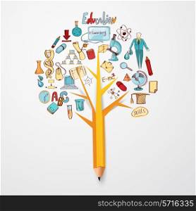 Education doodle concept with research science school icons on pencil tree vector illustration
