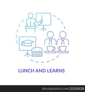 Education during lunch concept icon. Company staff collaborative and educative event abstract idea thin line illustration. Isolated outline drawing. Roboto-Medium, Myriad Pro-Bold fonts used. Education during lunch concept icon