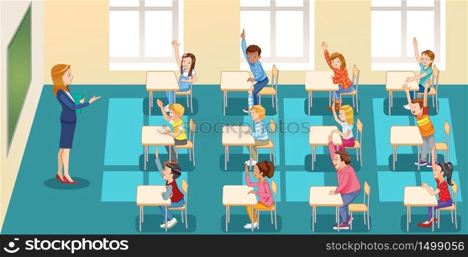 education, elementary school, learning and people concept - group of school kids with teacher sitting in classroom and raising hands. education, elementary school, learning and people concept - group of school kids with teacher sitting in classroom and raising hands.