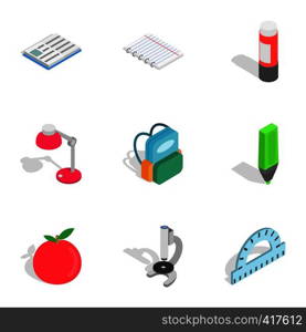 Education equipment icons set. Isometric 3d illustration of 9 education equipment vector icons for web. Education equipment icons, isometric 3d style