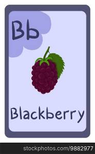 Education flash card abc, letter B - blackberry. Template design. Primary school kids. Phonics flashcard. Food themed ABC cards for teaching with foods, vegetables, fruits and nuts. Series of ABC.. Education flash card abc, letter B - blackberry.