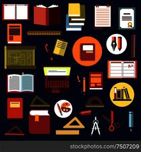 Education flat icons with books, laptop, notebooks, diary, drawing, clipboard, exercise books pencils, pens rulers paints scissor compasses and diploma. Education flat icons with school supplies