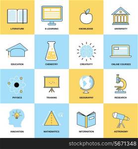 Education flat line icons set with literature e-learning knowledge isolated vector illustration
