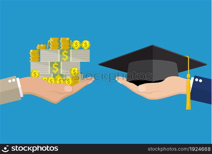Education for money concept. Hand holding graduation cap and another hand holding money . vector illustration in flat style. Education for money concept.