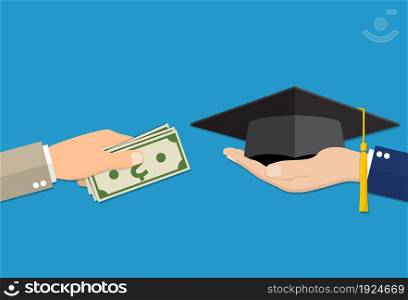 Education for money concept. Hand holding graduation cap and another hand holding money . vector illustration in flat style. Education for money concept.